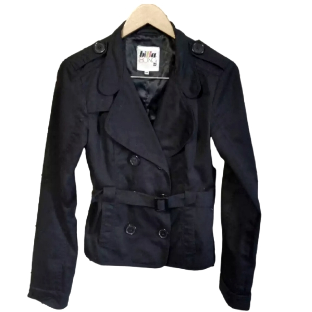 Billabong black double breasted belted trench coat size medium